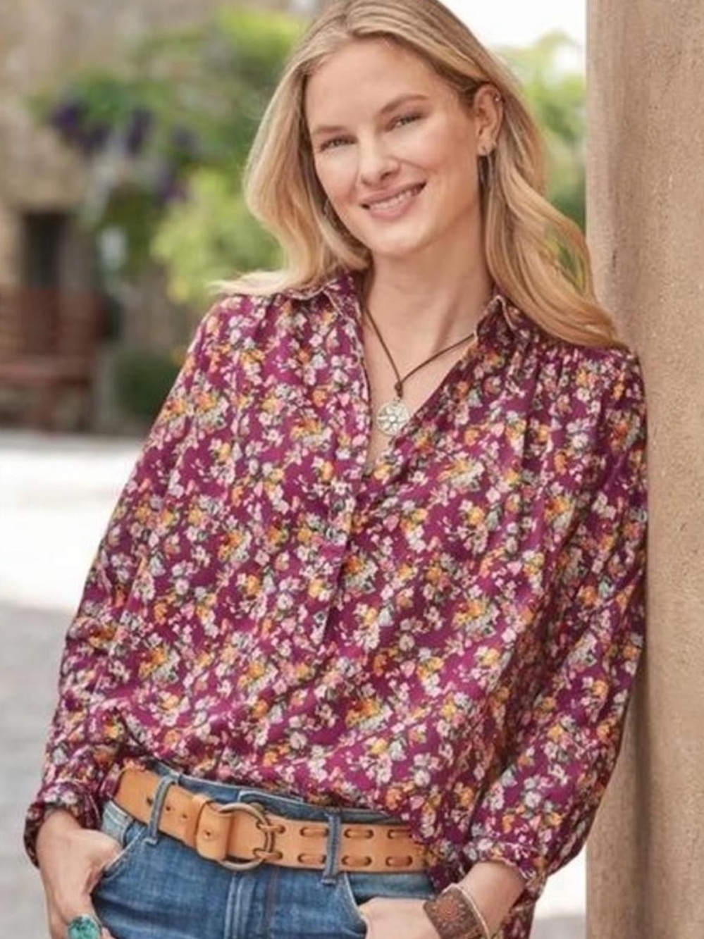 Sundance Burgundy Floral Print Cotton Long Sleeve Top Size Small